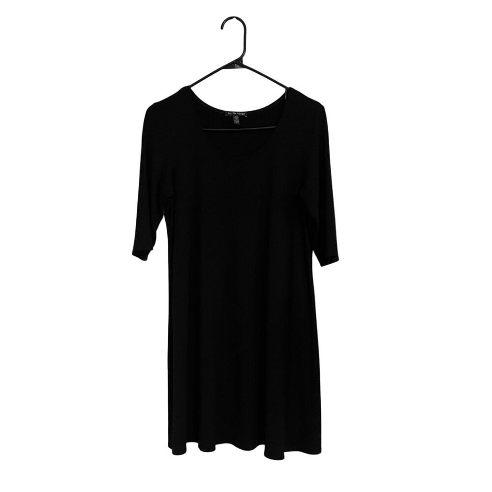 Eileen Fisher Tunic Mini Dress Black Stretch Jersey 3/4 Sleeve Minimalist-Medium - Picture 2 of 5